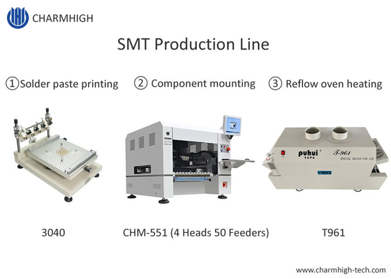 Linha de produção SMT pequena de alta precisão 3040 Impressora de estênceis CHM-551 SMT Forno de refluxo de montagem de chips T961