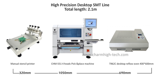 Alta precisão 0201 Desktop PCB Assembly Line 4 Heads CHM-551 SMD Pick and Place Machine Reflow Oven T962C