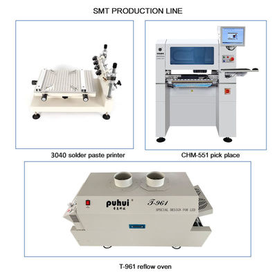 Linha de produção SMT pequena de alta precisão 3040 Impressora de estênceis CHM-551 SMT Forno de refluxo de montagem de chips T961